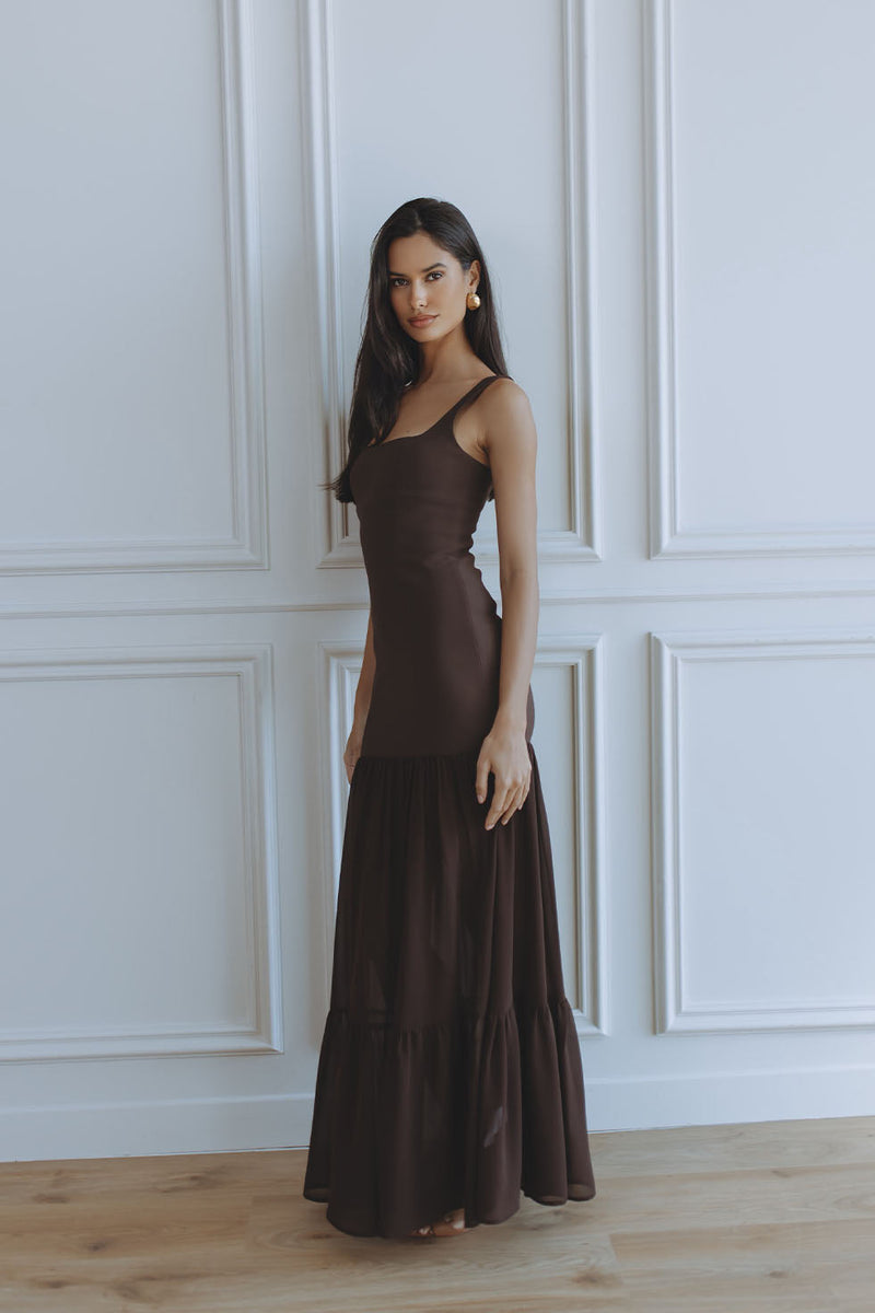 hawthorne maxi dress dark chocolate TAHLIA SQUARE NECK MAXI DRESS - BITTER CHOCOLATE – CHIC LE FRIQUE