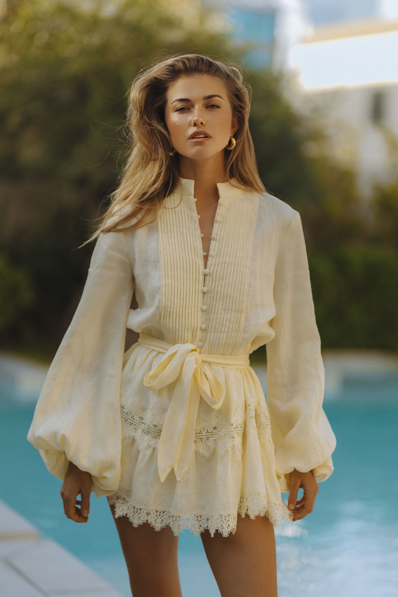 Aurelie Lace Trim Linen Mini Dress