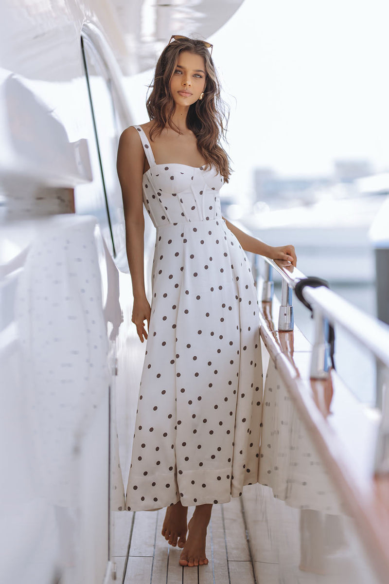 ODETTE CORSET MIDI DRESS - IVORY/BROWN POLKA – CHIC LE FRIQUE