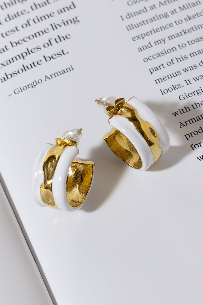 GOLD PLATED WHITE ENAMEL C SHAPE EARRINGS