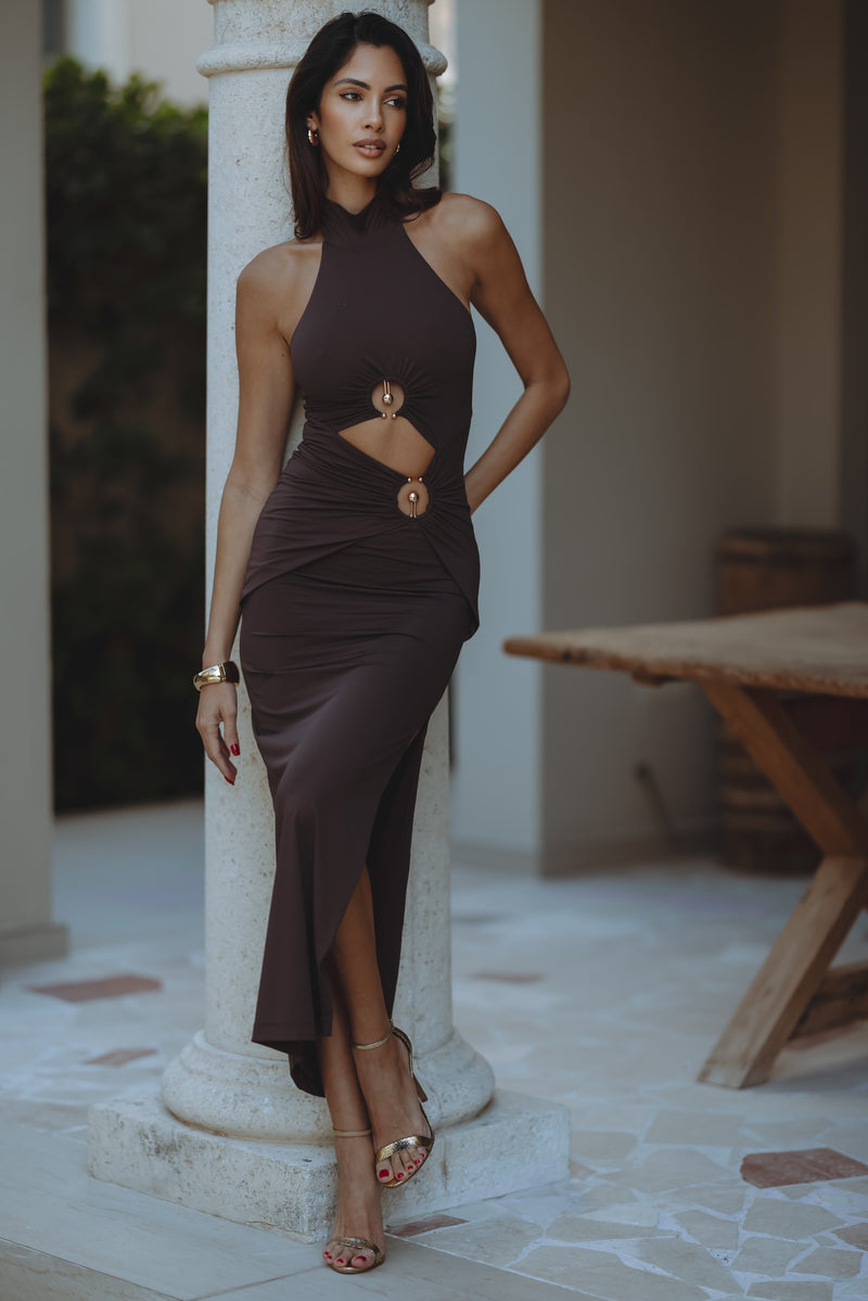 NEVE COLLAR MAXI DRESS - CHOCOLATE