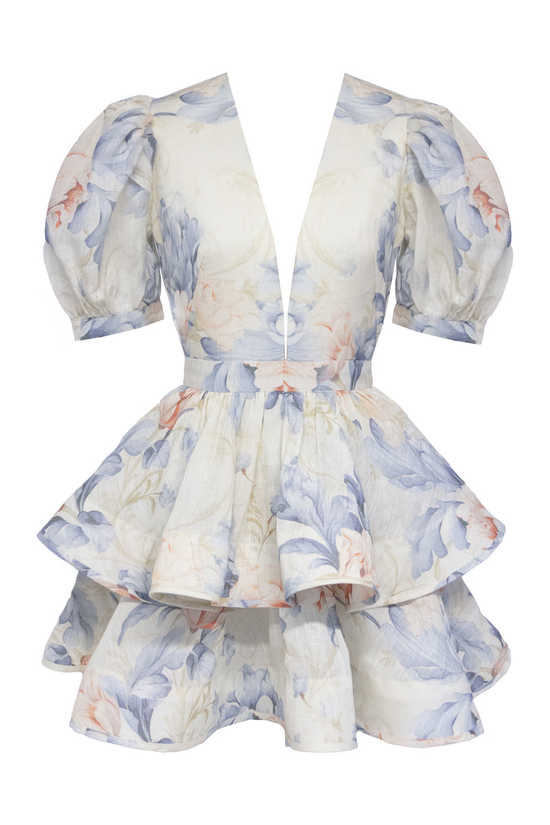 AUBRIE LINEN MINI DRESS - FLORAL SERENITY