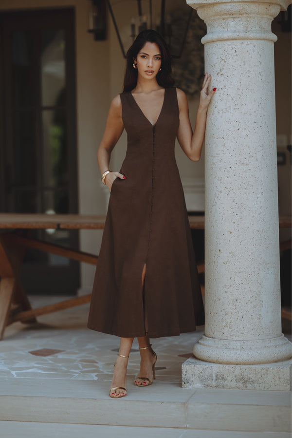 CORDELIA LINEN MIDI DRESS - CHOCOLATE