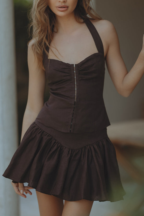 AMORETTE LINEN MINI SKIRT - CHOCOLATE