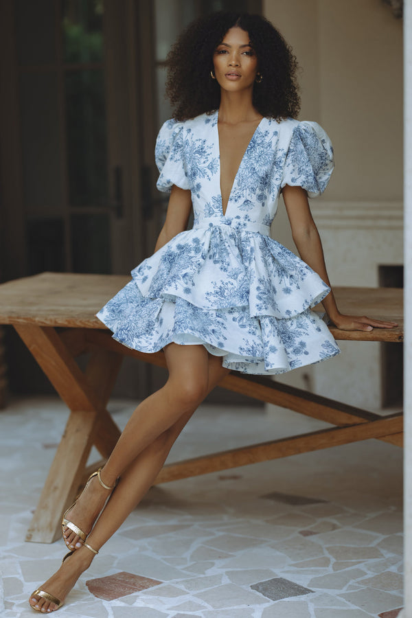 AUBRINA LINEN MINI DRESS - INDIGO BLOOM