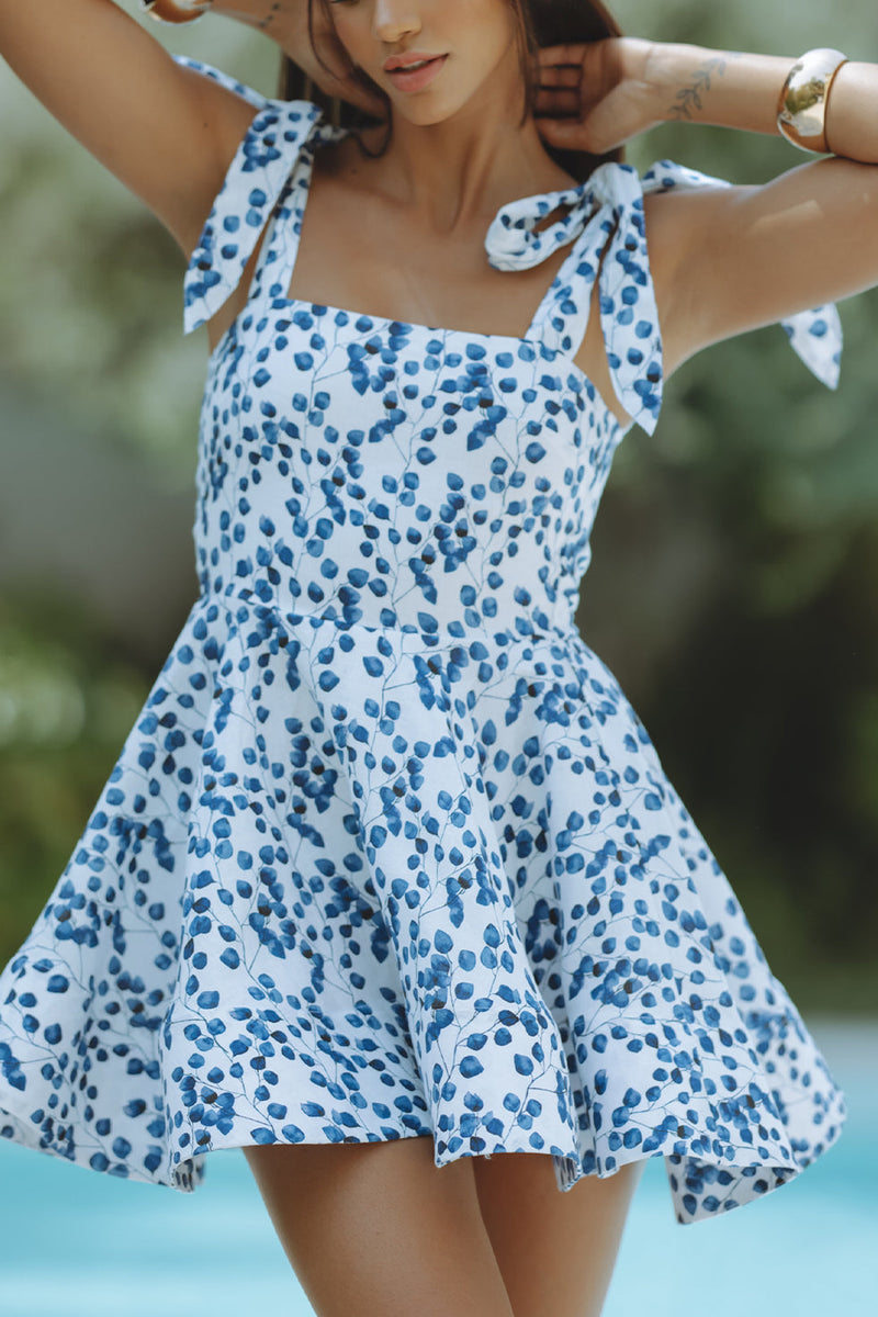 SOFIJA LINEN MINI DRESS - BLUE LEAF PRINT