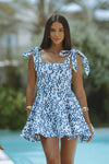 SOFIJA LINEN MINI DRESS - BLUE LEAF PRINT