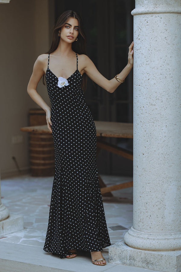 MALIKA MAXI DRESS - BLACK POLKA