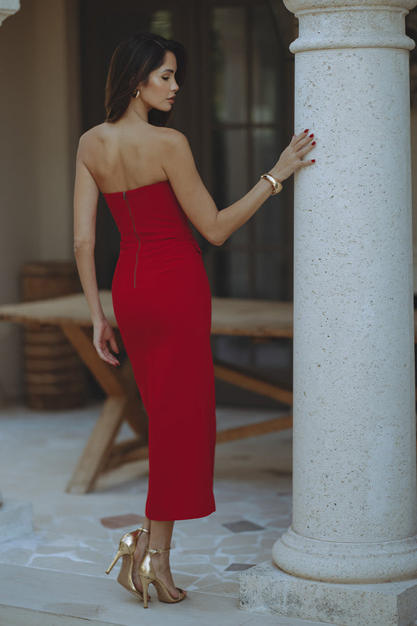 NIKKI STRAPLESS MIDI DRESS - DEEP RED