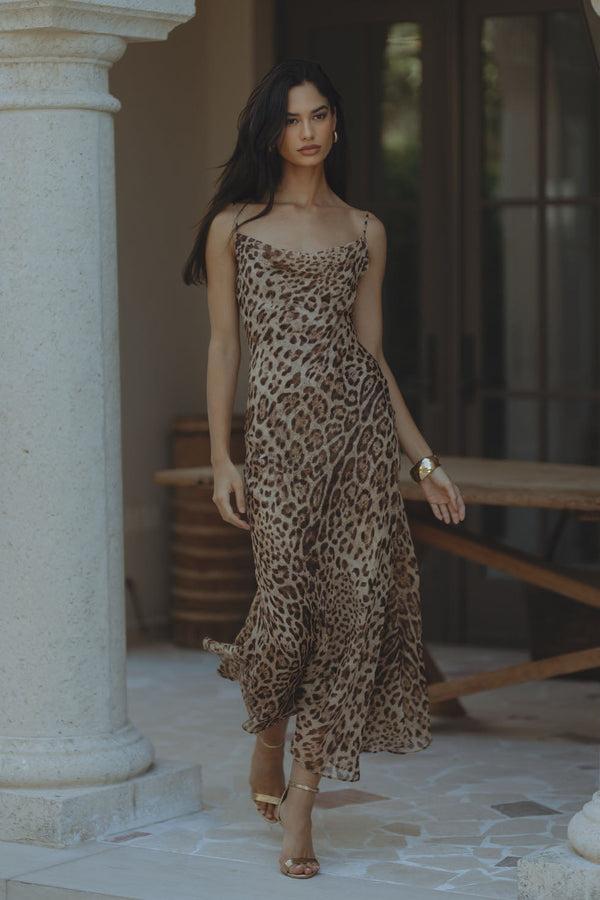 MONROE COWL NECK MAXI DRESS - BROWN LEOPARD