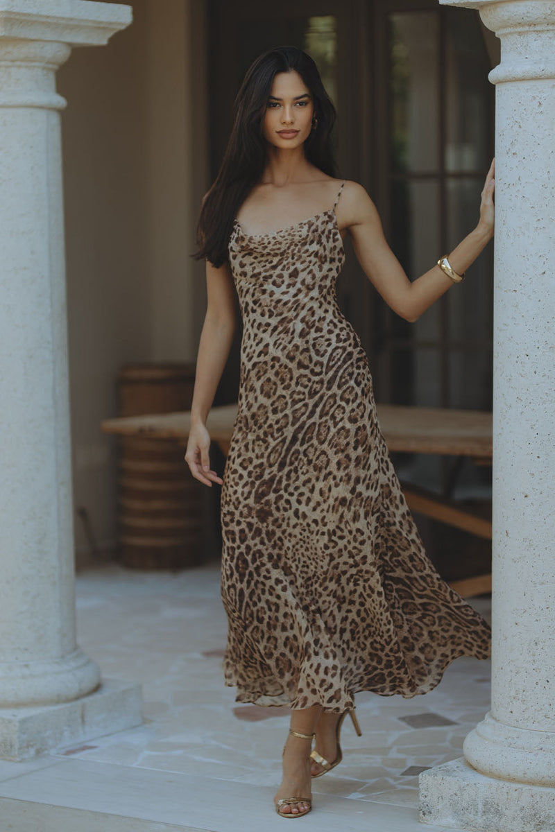 MONROE COWL NECK MAXI DRESS - BROWN LEOPARD