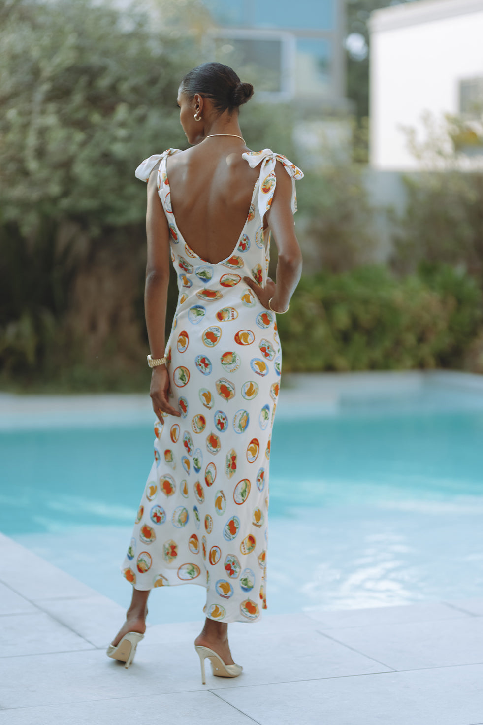 ALLEXINA SATIN COWL NECK MIDI DRESS - IVORY FRUIT COCKTAIL - XS ALLEXINA SATIN COWL NECK MIDI DRESS - IVORY FRUIT COCKTAIL - XS