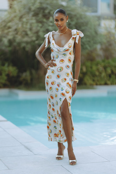 satin print dress ALLEXINA SATIN COWL NECK MIDI DRESS - IVORY FRUIT COCKTAIL – CHIC LE FRIQUE