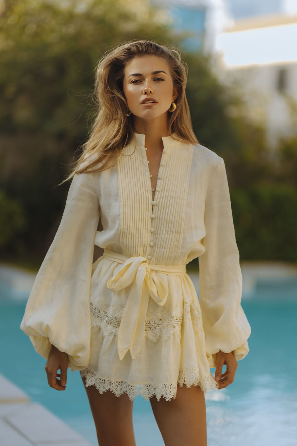AURELIE LACE TRIM LINEN MINI DRESS - BUTTER YELLOW – CHIC LE