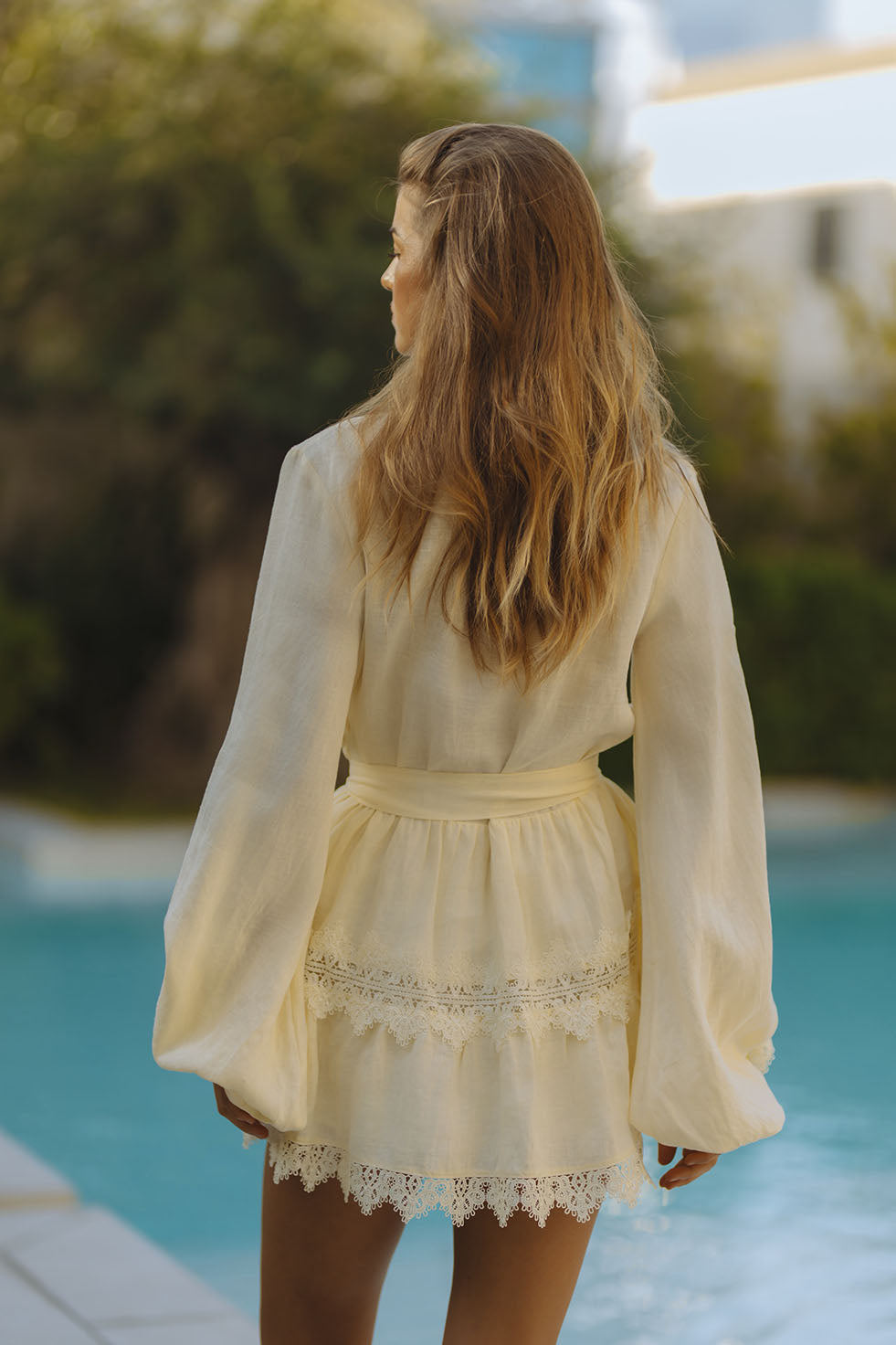 Aurelie Lace Trim Linen Mini Dress - Butter Yellow Aurelie Lace Trim Linen Mini Dress - Butter Yellow