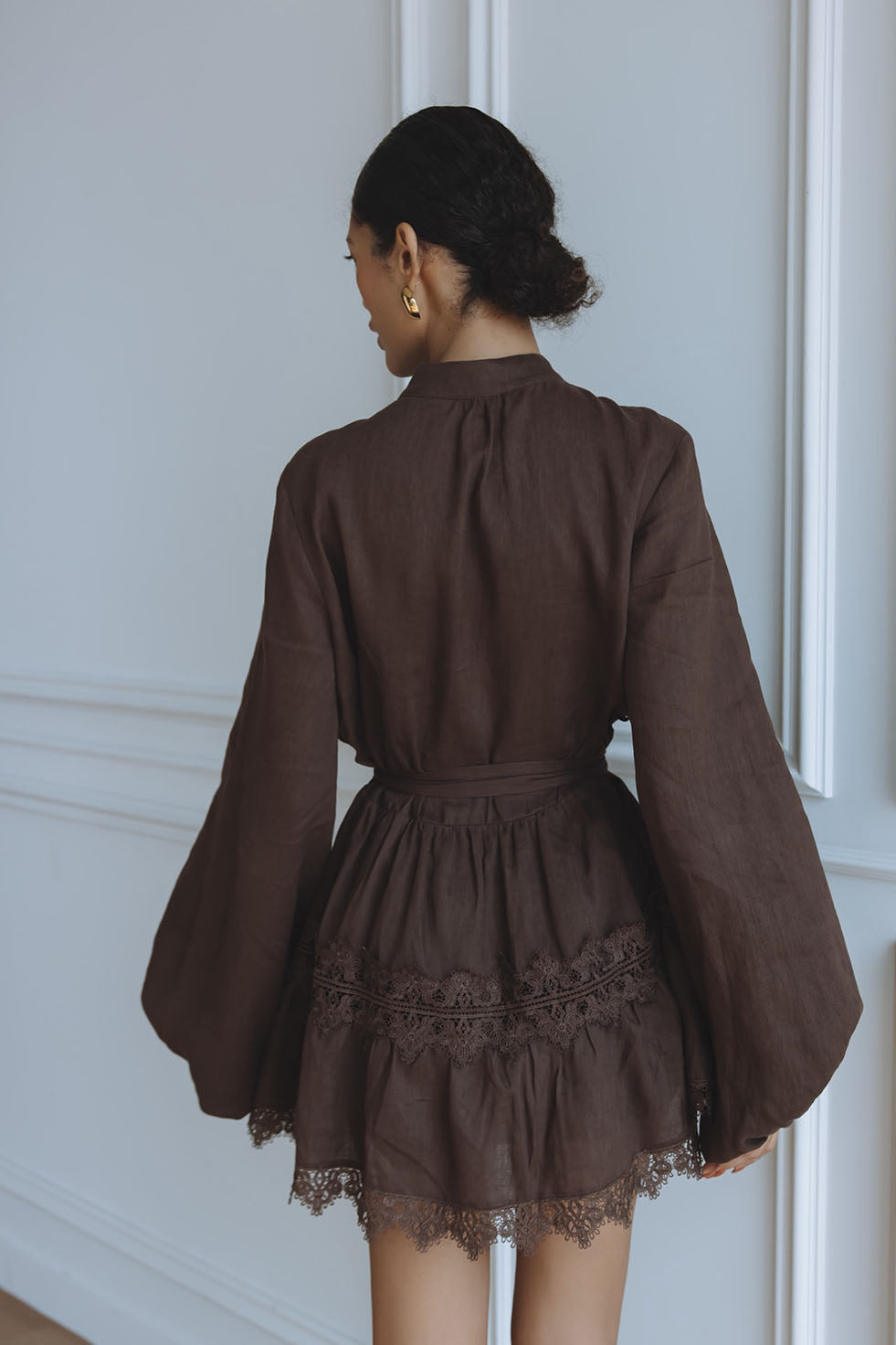Aurelie Lace Trim Linen Mini Dress - Chocolate Aurelie Lace Trim Linen Mini Dress - Chocolate