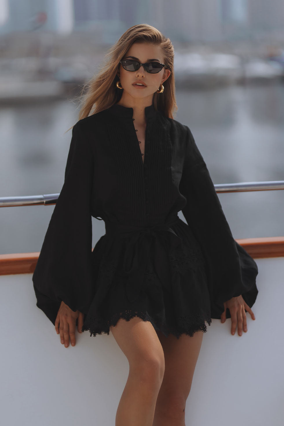 Aurelie Lace Trim Linen Mini Dress - Noir Aurelie Lace Trim Linen Mini Dress - Noir