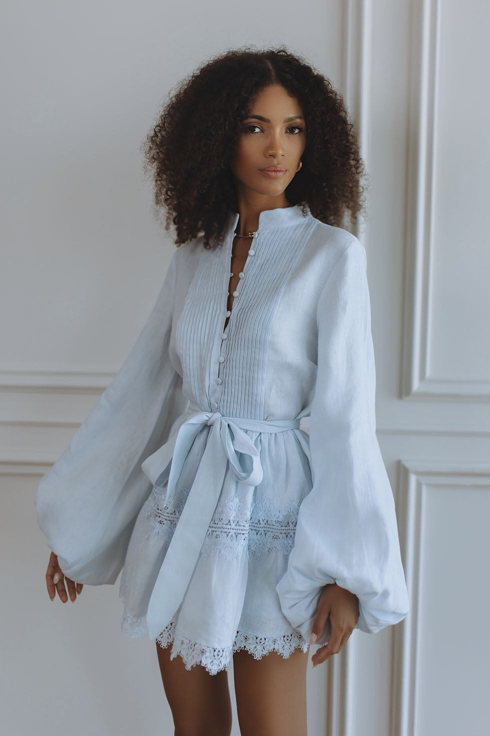 AURELIE LACE TRIM LINEN MINI DRESS - SKY BLUE – CHIC LE FRIQUE - USA
