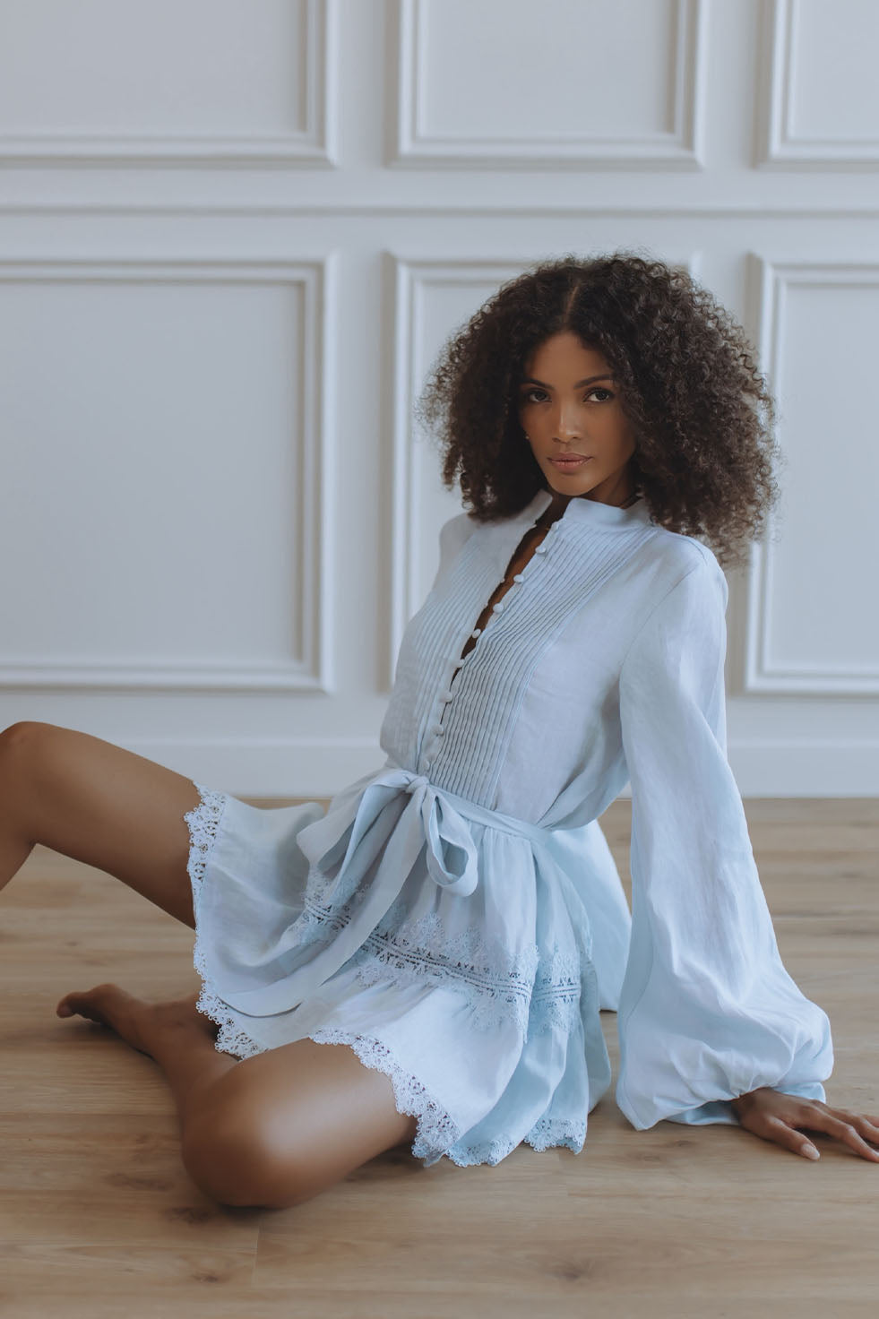 AURELIE LACE TRIM LINEN MINI DRESS - SKY BLUE – CHIC LE FRIQUE - USA