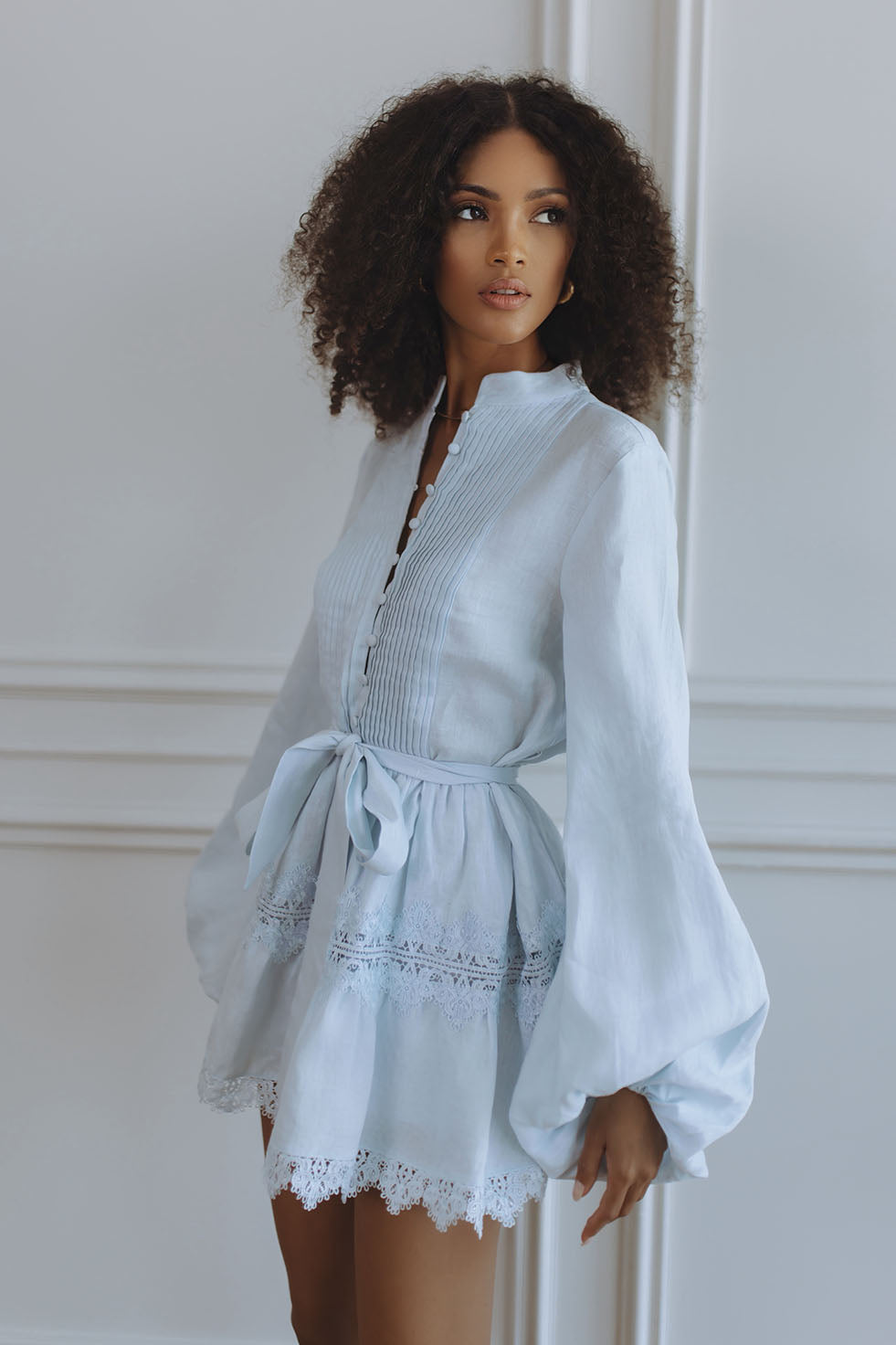 AURELIE LACE TRIM LINEN MINI DRESS - SKY BLUE – CHIC LE FRIQUE - USA