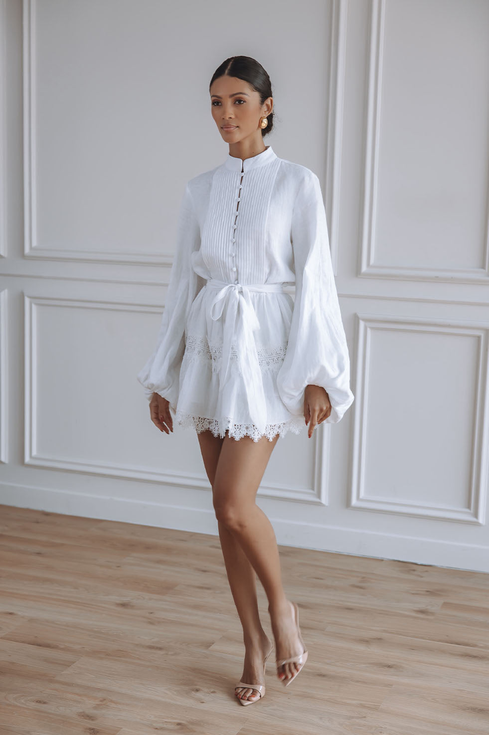 AURELIE LACE TRIM LINEN MINI DRESS - ORCHID WHITE – CHIC LE FRIQUE