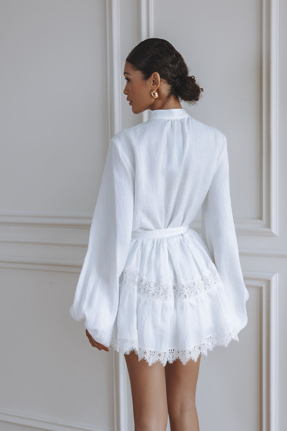 Aurelie Lace Trim Linen Mini Dress - Orchid White Aurelie Lace Trim Linen Mini Dress - Orchid White
