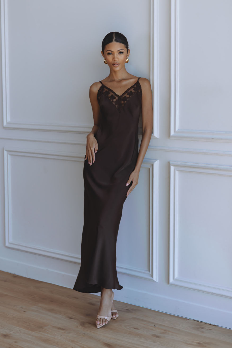 BONITA LACE TRIM MAXI DRESS - DARK CHOCOLATE - XS BONITA LACE TRIM MAXI DRESS - DARK CHOCOLATE - XS