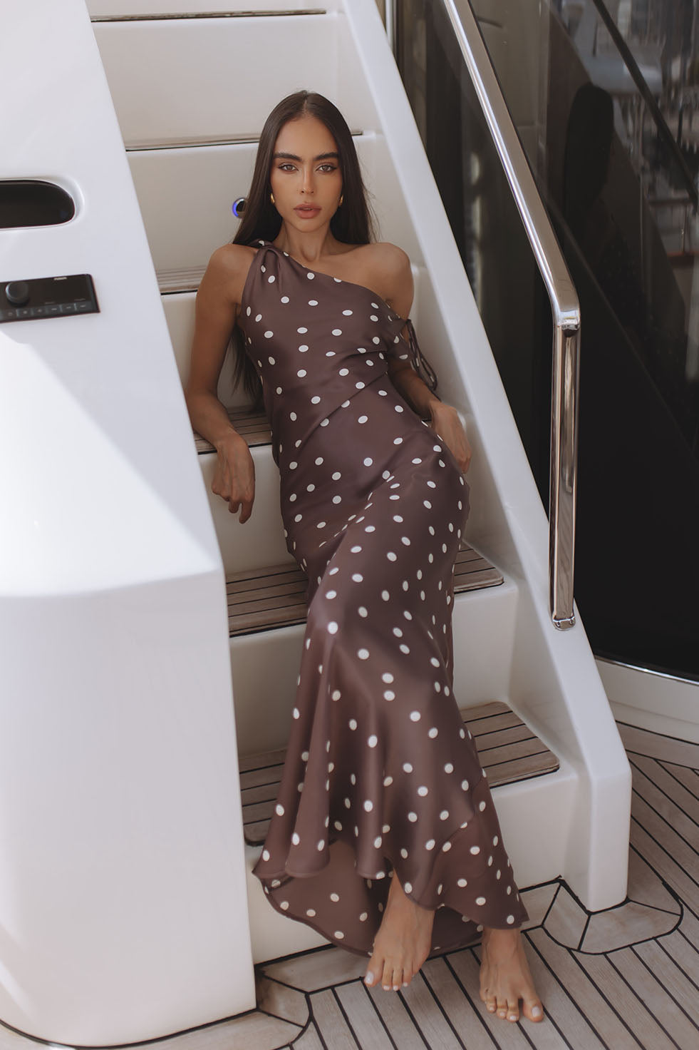 Darcy Satin Maxi Dress - Mocha Taupe/ivory Polka