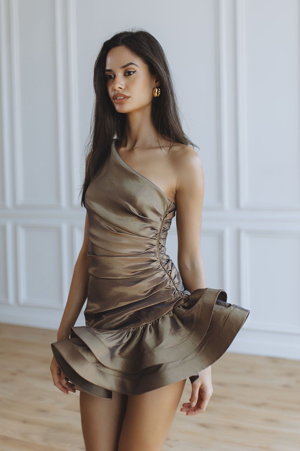gold ruffle dress mini Cream Rhinestone Mesh Ruffle Mini Dress – self-portrait-US main image 0