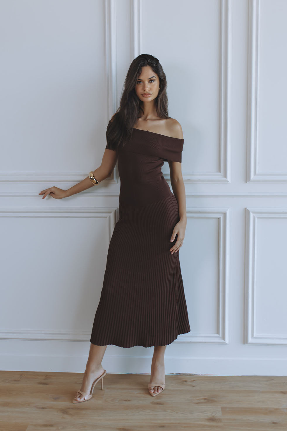 HARRO PLEATED KNIT DRESS - CHOCOLATE