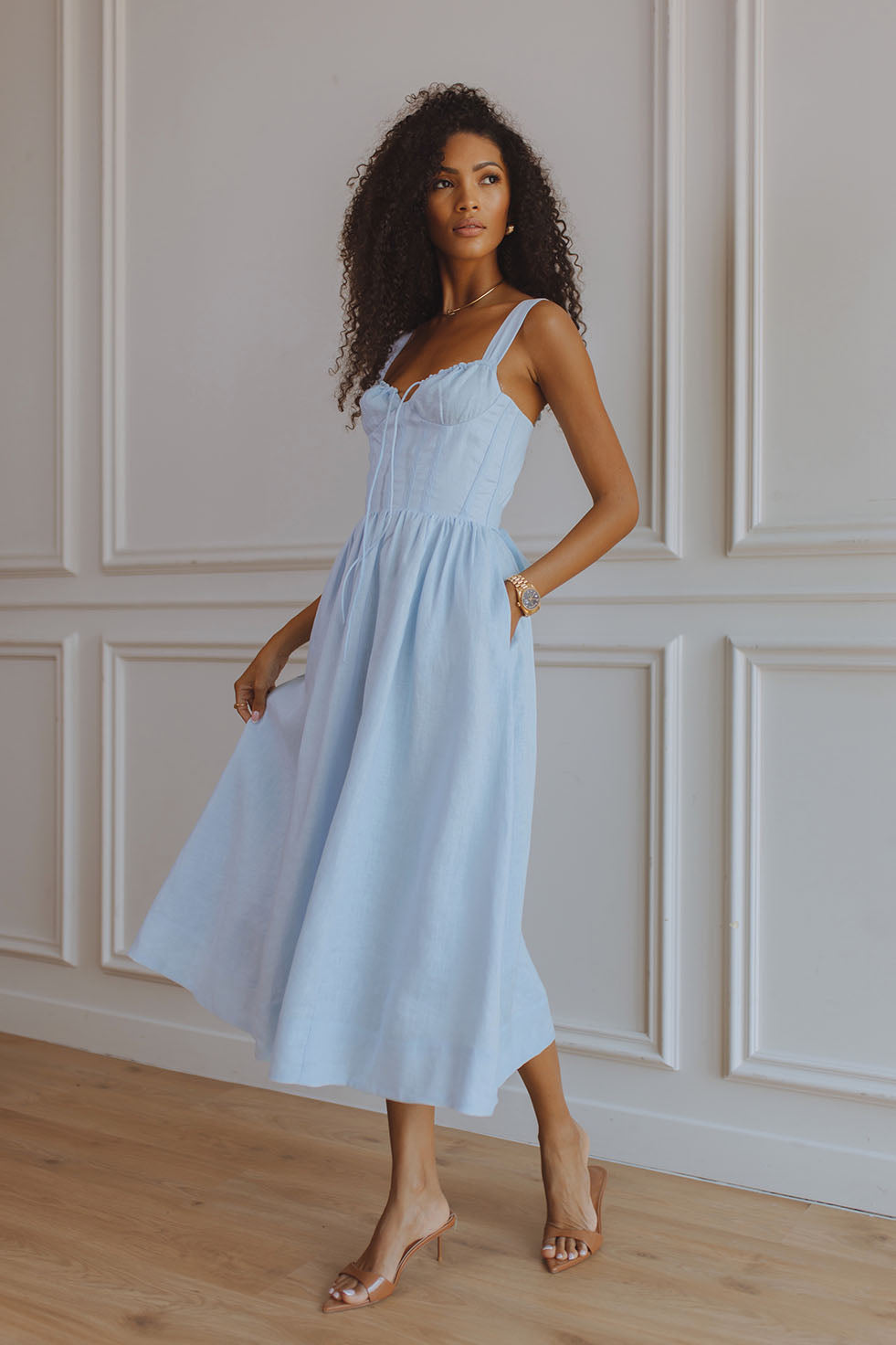 Sancia Linen Corset Midi Dress - Sky Blue Sancia Linen Corset Midi Dress - Sky Blue