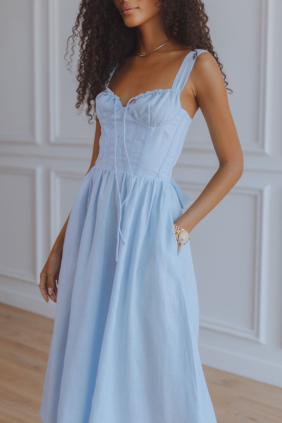 SANCIA LINEN CORSET MIDI DRESS - SKY BLUE – CHIC LE FRIQUE
