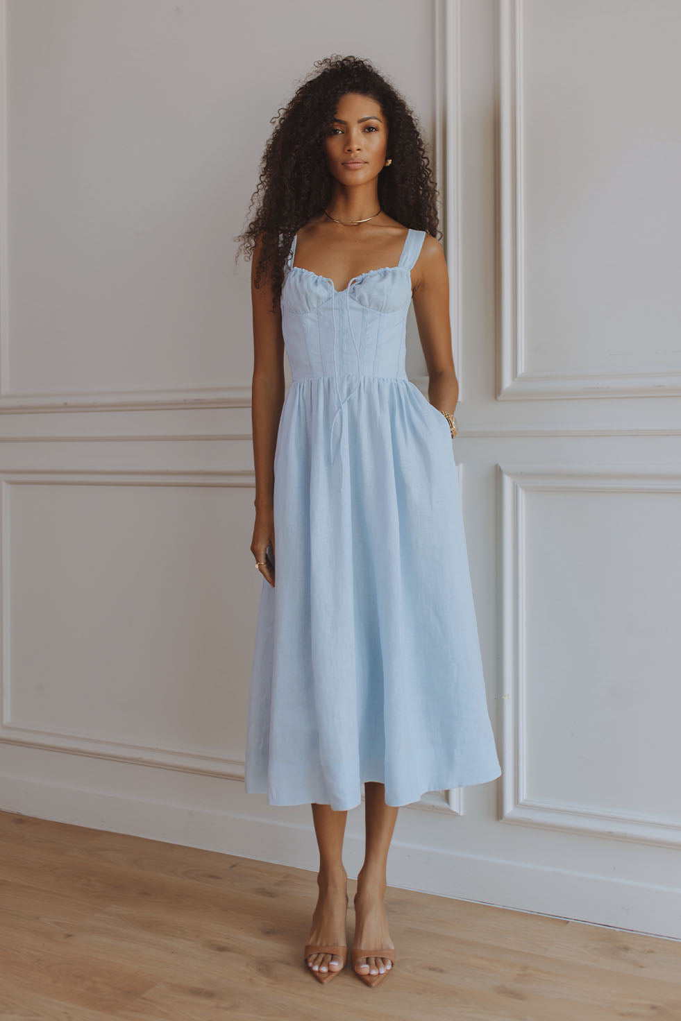 Sancia Linen Corset Midi Dress - Sky Blue Sancia Linen Corset Midi Dress - Sky Blue