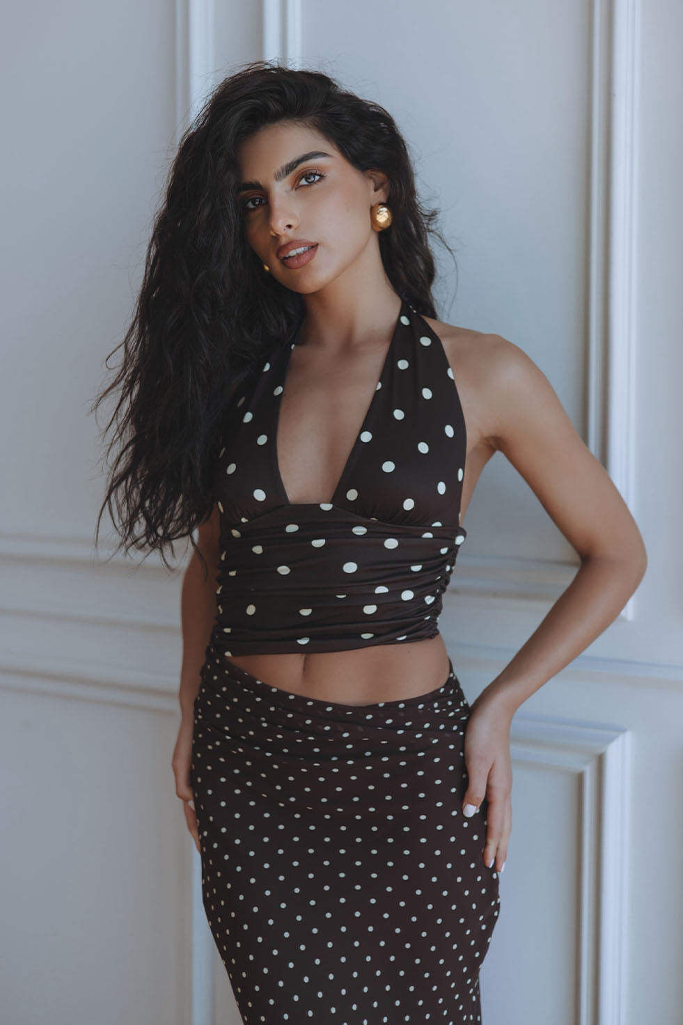 Valeria Halter Cutout Maxi Dress - Choc/lemon Polka Valeria Halter Cutout Maxi Dress - Choc/lemon Polka